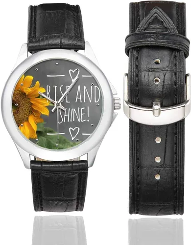 Vista 2 de Reloj de pulsera de girasol con cita motivacional para mujer, correa de cuero negro, impermeable, relojes clásicos, Negro