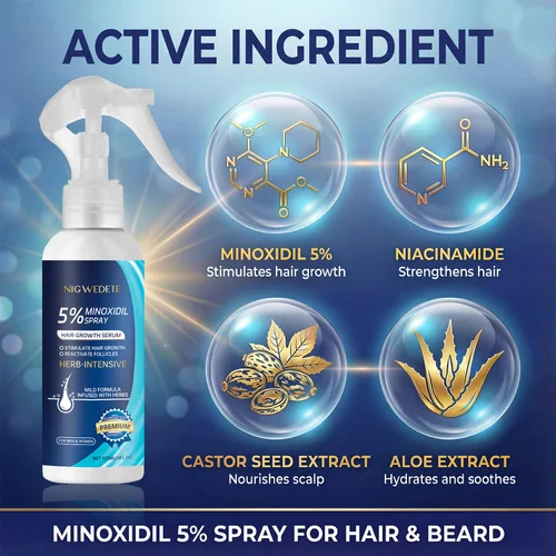 Vista 3 de Minoxidil 5% para hombres (4.1 fl oz), spray avanzado de minoxidil con provitamina B5 y extracto de semilla de ricino, suero de extracto