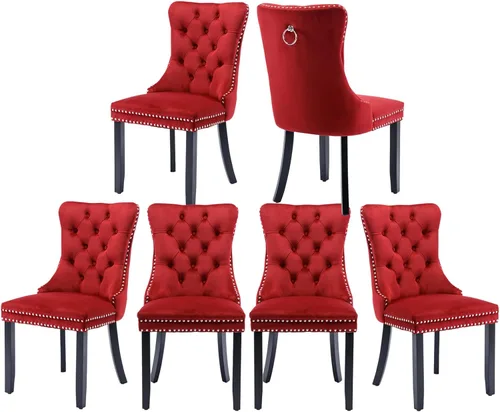 Vista 30 de Juego de 2 sillas de comedor de terciopelo, silla de comedor tapizada de alta gama con tirador de anillo en la espalda, adorno de clavos y patas