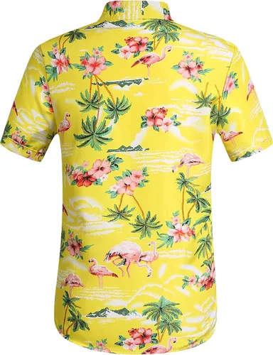 Vista 2 de SSLR Camisa hawaiana para hombre, diseño de flamencos, manga corta, con botones, camisa Aloha