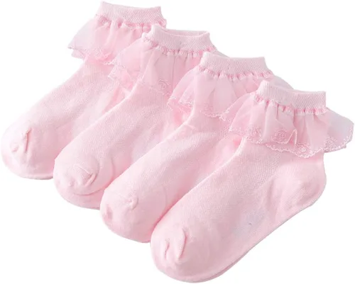 Vista 14 de Looching 4 pares de calcetines de encaje de princesa de algodón con volantes sólidos para niñas pequeñas