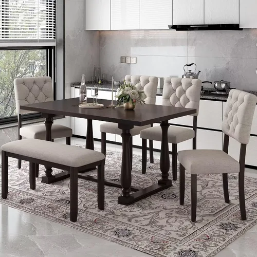 Vista 12 de Harper & Bright Designs Juego de mesa de comedor de 6 piezas, juego de mesa de comedor con mesa de comedor rectangular de madera, 4 sillas