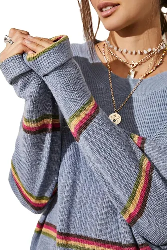 Vista 5 de Conjunto de 2 piezas de punto para mujer, suéter suelto con estampado de rayas Y2K + pantalones elásticos, ropa estética urbana