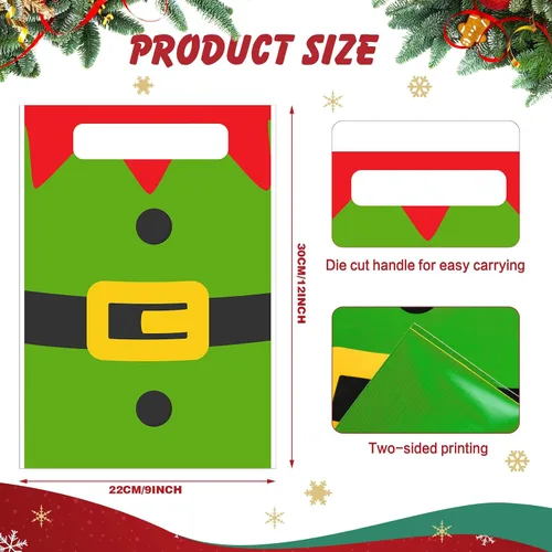 Vista 5 de Sinmoe 200 piezas bolsas de plástico de Navidad a granel, bolsa de regalo de mercancía de Navidad con asa de 9" x 12", reutilizable, bolsa