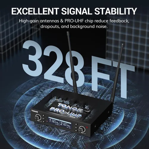 Vista 2 de TONOR Sistema de Micrófono Inalámbrico, Escaneo Automático y Emparejamiento Micrófono Inalámbrico Recargable Profesional, Set de 2x100 UHF