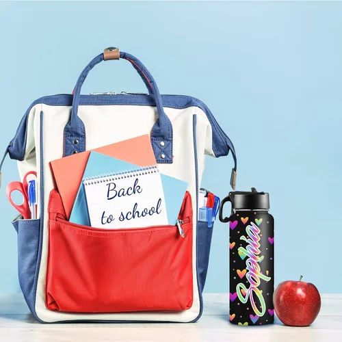 Vista 2 de Botellas de agua personalizadas para niñas, de acero inoxidable con aislamiento de doble pared con pajita, botella de agua de color degradado