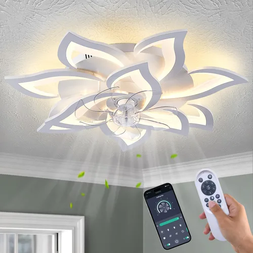 Vista 16 de Ventilador de techo de perfil bajo con control remoto y aplicación, motor silencioso y luz LED regulable, ventilador de techo de montaje empotrado
