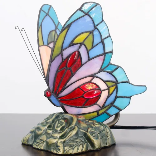 Vista 3 de Pequeña lámpara de mesa Tiffany de vidrio manchado Lámpara de escritorio de mariposa de 7X5X9.8 pulgadas Luz de acento antigua