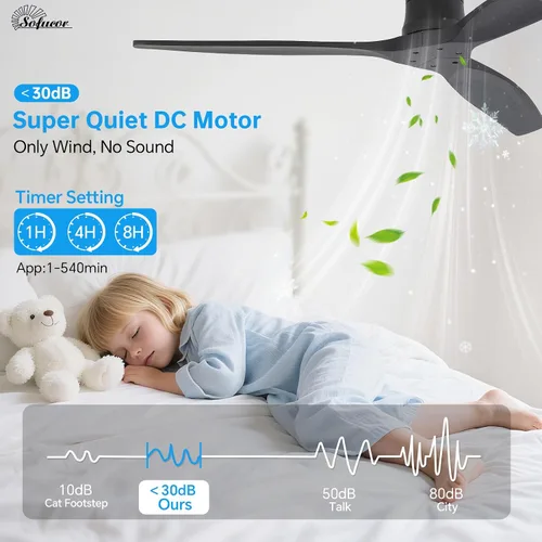 Vista 5 de Sofucor Ventilador de techo inteligente de 52 pulgadas sin luz, ventilador de techo de madera maciza de bajo perfil con control remoto, ventilador