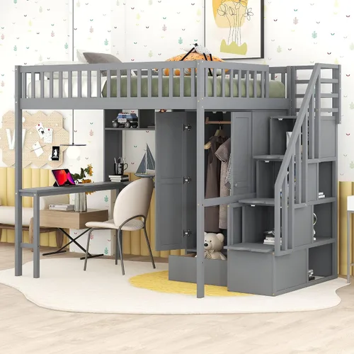 Vista 9 de Quarte Cama tipo loft única con cajones de almacenamiento y escaleras, cama alta de madera tamaño individual con estantes y barandillas, para niños
