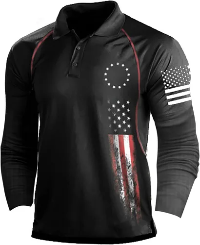 Vista 6 de Camisa polo de manga larga con bandera estadounidense para hombre, cuello gráfico patriótico, camiseta de golf, moderna, casual, cuello en V, tops