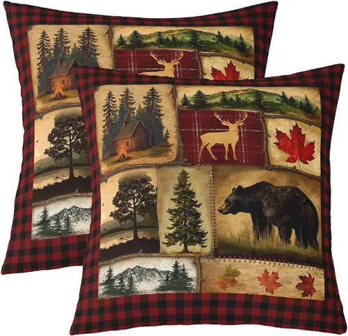 Vista 25 de Erosebridal Juego de 2 fundas de almohada occidentales de 16 x 16 pulgadas, fundas de almohada cuadradas decorativas de cuadrícula marrón retro