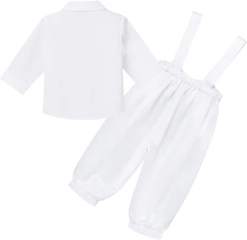 Vista 2 de Conjunto de traje formal para bebés y niños, camiseta de manga corta con lazo, tirantes, pantalones cortos, trajes de esmoquin para boda, ropa