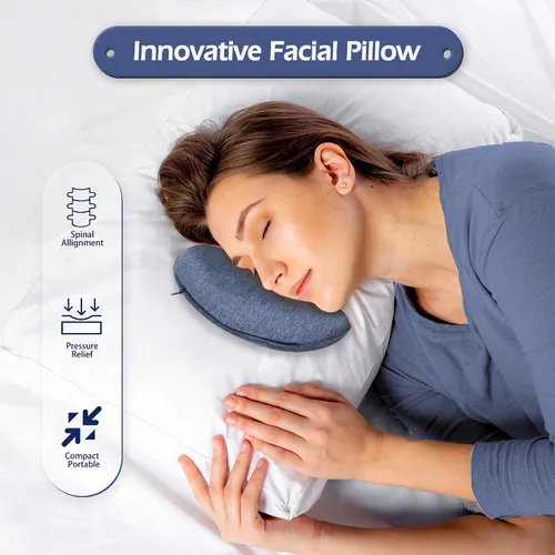 Vista 2 de Mini almohada de espuma viscoelástica para mejillas y cuello para comodidad del sueño, color azul Compact ergonomic memory foam pillow supports