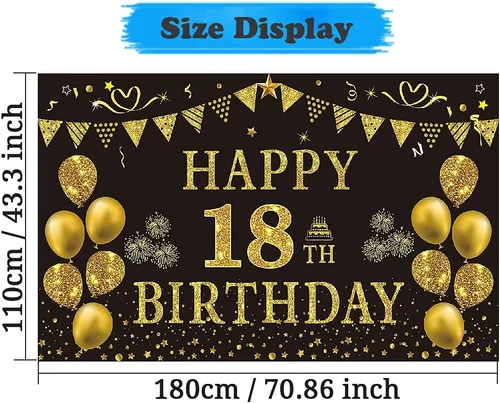Vista 2 de Trgowaul Decoraciones de cumpleaños número 18 para hombres, pancarta de fondo negro y dorado de 5.9 x 3.6 pies, suministros de fotografía de feliz