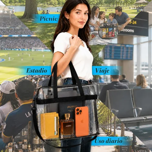 Vista 6 de Handy Laundry Bolsa transparente de 12 x 6 x 12 pulgadas, aprobada para estadios, con cierre superior y correas para el hombro, para trabajo Negro