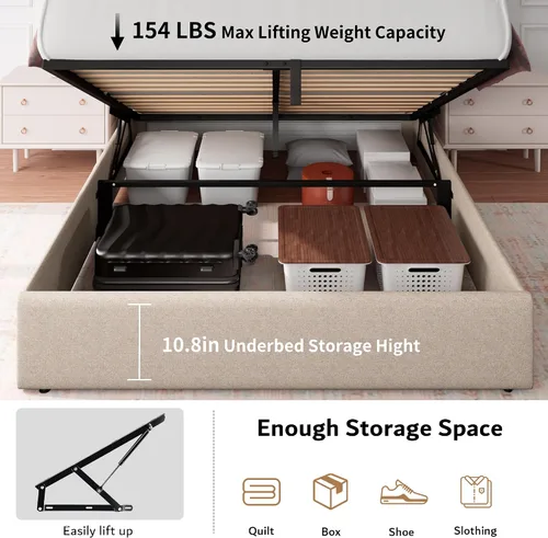 Vista 4 de iPormis Base de cama de almacenamiento elevable de tamaño completo con estación de carga, base de cama de plataforma tapizada con cabecera capitoné