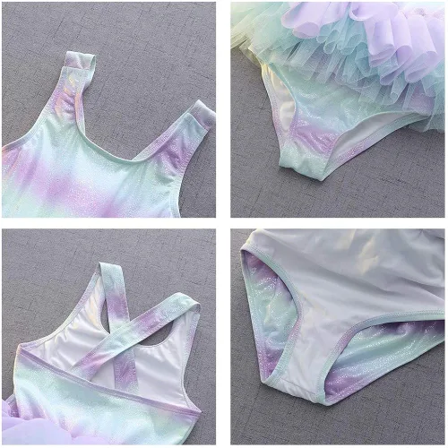 Vista 4 de HIHCBF Traje de baño de una pieza para niñas con volantes Tutú con gorra de sirena y escala, ropa de playa