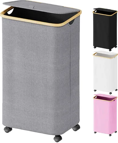 Vista 8 de SUOCO Cesta de lavandería con ruedas 100L, canasta de ropa con tapa y asas de bambú, cesta plegable para la ropa sucia para dormitorio, baño, Negro