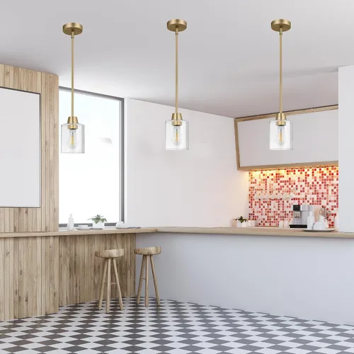 Vista 5 de Paquete de 3 luces colgantes de latón para isla de cocina, lámpara moderna dorada de cristal transparente, varillas ajustables con múltiples