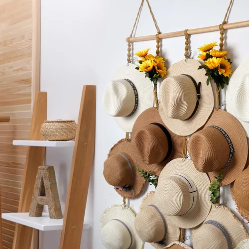 Vista 9 de Organizador de Sombreros de Macramé para Pared 15 Clips 31x53 Pulgadas Colgadores Grandes Exhibidor para Sombreros Fedora para Soporte de Sombreros
