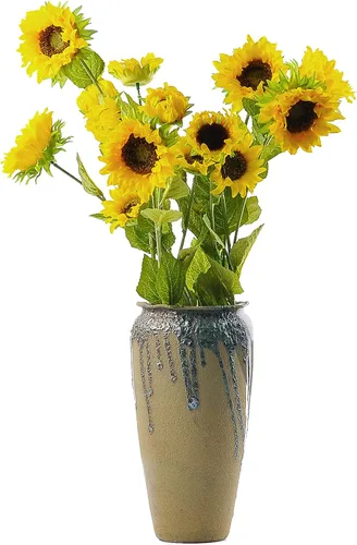 Vista 7 de Girasoles artificiales, 6 ramas de tallo de 29 pulgadas de largo con 3 flores artificiales para boda, ramo de novia, decoración del hogar, centros