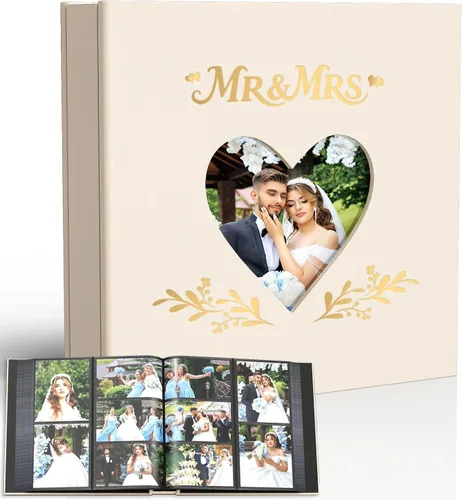 Vista 8 de Álbum de fotos de boda de 4 x 6 pulgadas con 400 bolsillos, libro de recuerdos de cuero beige grabado personalizado para compromiso, despedida