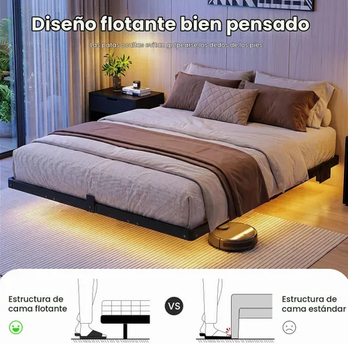 Vista 4 de Liians Marco de cama flotante moderno de tamaño completo con luces LED inteligentes, estación de carga USB, plataforma de metal resistente,