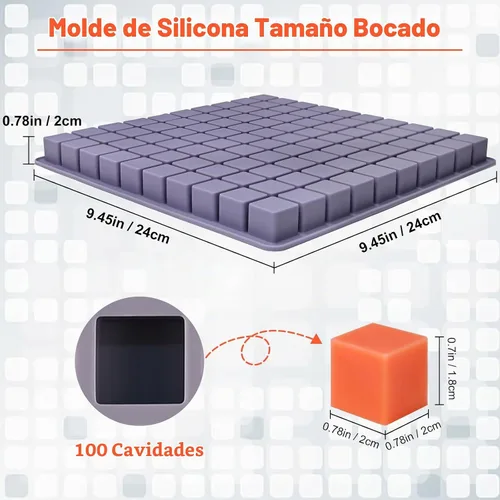 Vista 4 de Molde cuadrado para chocolate, 100 cavidades mini moldes cuadrados para dulces