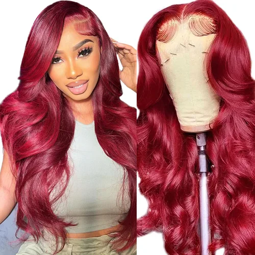 Vista 13 de 99J - Pelucas de encaje frontal de color burdeos con cabello humano 200 de densidad, peluca de encaje HD sin pegamento 13X4, pelucas de encaje 99J