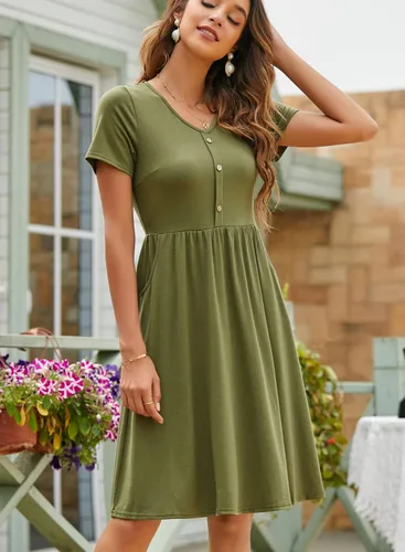Vista 4 de YATHON - Vestidos de verano para mujer con mangas, de algodón, con cuello en V, botones y bolsillos, de corte acampanado, estilo casual