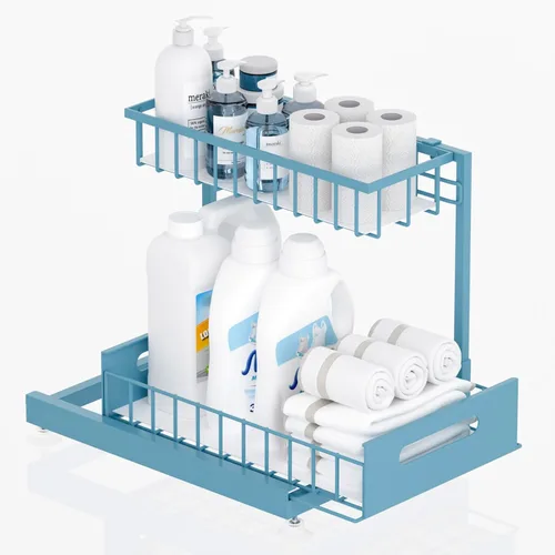 Vista 12 de Saydear Organizador de almacenamiento para debajo del fregadero, organizador de armario de cocina extraíble de 2 niveles con cajón deslizante, Negro