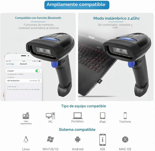 Vista 4 de NETUM Escáner de código de barras Bluetooth, compatible con función inalámbrica y Bluetooth de 2.4G y conexión con cable, conecta teléfono NT-1228BC