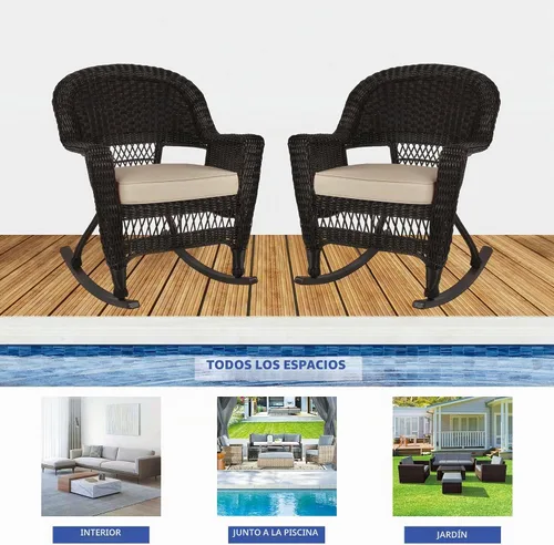 Vista 9 de Jeco Silla Rocker de mimbre con cojín bronceado, juego de 2, color espresso