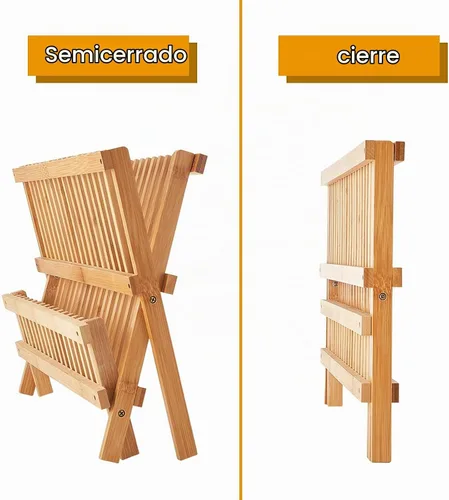 Vista 6 de Escurridor de platos de bambú, estante plegable de 2 niveles con soporte para utensilios, estante de secado de platos de madera para encimera