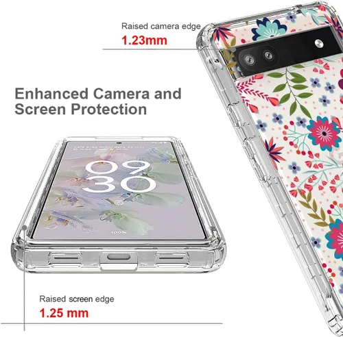 Vista 2 de Funda para Google Pixel 6A, funda GX7AS con protector de pantalla de vidrio templado, cuerpo completo transparente floral TPU delgado funda