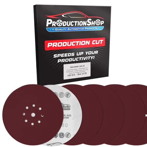 Vista 9 de ProductionShop Discos de lijado de grano 60 con patrón rojo de 9 agujeros de 9 pulgadas, caja de 20 – Papel de lija sin polvo con respaldo de gancho