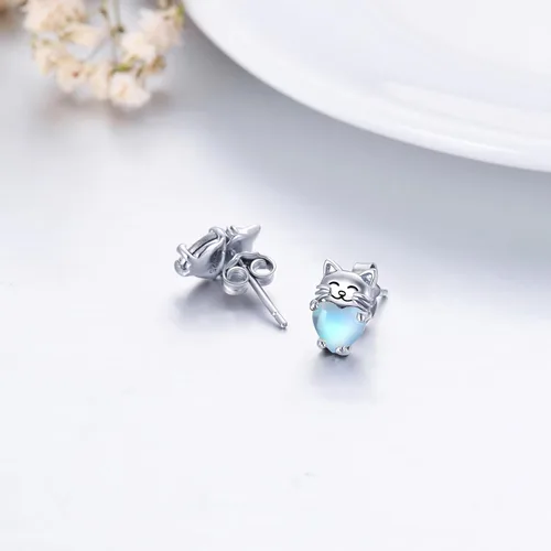 Vista 4 de Aretes de plata de ley 925 con diseño de gato, bonitos aretes de gato con diseño de gatito, joyería de regalo para mujeres y niñas, aretes