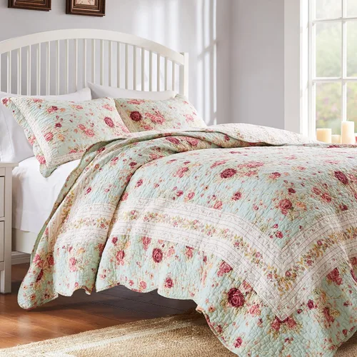 Vista 2 de Greenland Home juegos de edredón con diseño de rosas antiguas de 100% algodón de calidad hereditaria, 2 piezas, tamaño individual/XL, azul