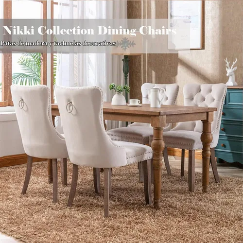 Vista 4 de Juego de 2 sillas de comedor de terciopelo beige, modernas sillas de cocina tapizadas