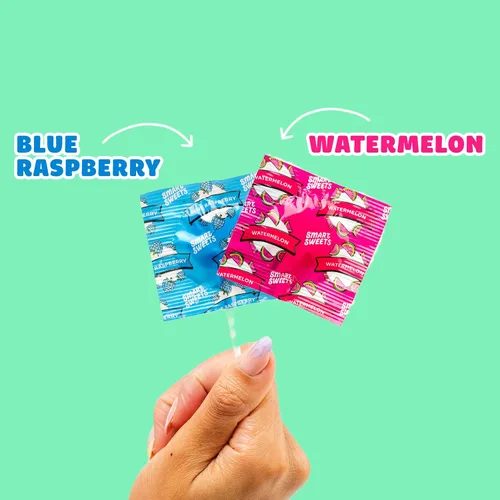 Vista 6 de SmartSweets Paletas, 3oz, sabor a frambuesa azul y sandía, caramelo duro con bajo contenido de azúcar (1g), bajo en calorías (40), sin edulcorantes