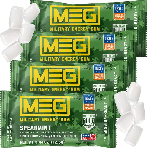 Vista 9 de MEG - Goma de mascar energética militar - Arctic Mint 100 mg de cafeína por pieza para rendimiento físico, impulso de energía para entrenamientos