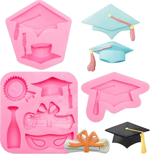 Vista 13 de Moldes de silicona para chocolate con tapa de graduación, moldes para hornear fondant de graduación 2023 para decoración de pasteles, decoración