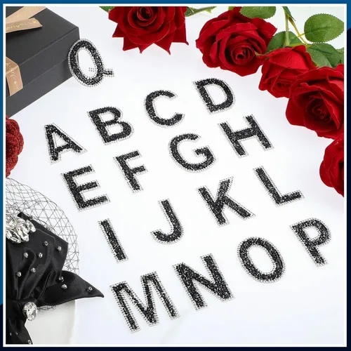 Vista 6 de Yinder 26 piezas de pegatinas de letras con purpurina y diamantes de imitación, diamantes de imitación para planchar, letras autoadhesivas A-Z Negro