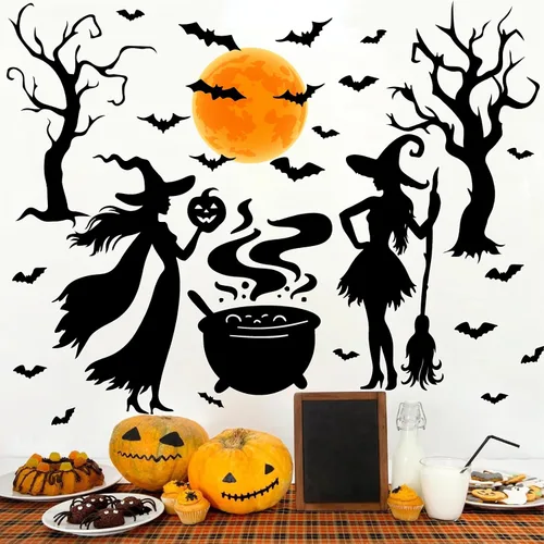 Vista 8 de Calcomanías de Halloween para ventana, calcomanías de brujas negras, calcomanías de pared de Halloween, murciélagos de árbol negro, murales de arte