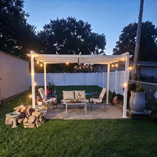 Vista 23 de PURPLE LEAF Pergola retráctil de 10 x 10 pies, pérgola blanca, toldo extra, azul marino Extra roof shields canopy, anchored thick post reduce sway