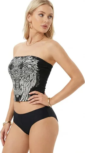 Vista 44 de MixMatchy Top de tubo para mujer con brasier integrado, top bandeau sin tirantes de doble capa, parte superior casual con fruncido lateral Y2K Negro