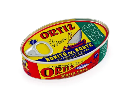 Vista 2 de Ortiz Atún blanco en aceite de oliva virgen extra orgánico, fresco y tierno, capturado silvestre español, alto en proteínas y grasas Omega 3