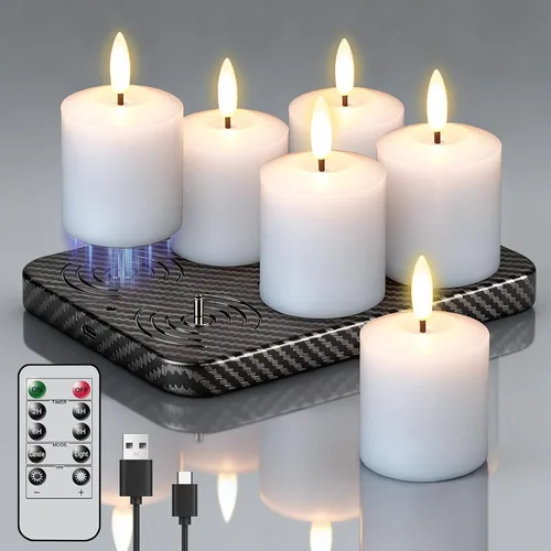 Vista 14 de GenSwin 12 velas de té recargables con base de carga y temporizador remoto, velas LED sin llama, funciona con pilas, para Halloween, otoño, mesa
