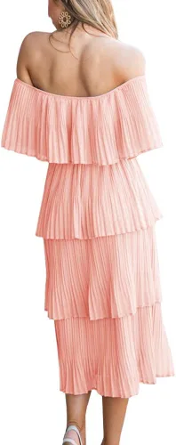Vista 5 de ETCYY Vestido largo de gasa con volantes y hombros descubiertos para mujer, para invitada de boda, holgado, casual, para fiesta, playa, vestido largo